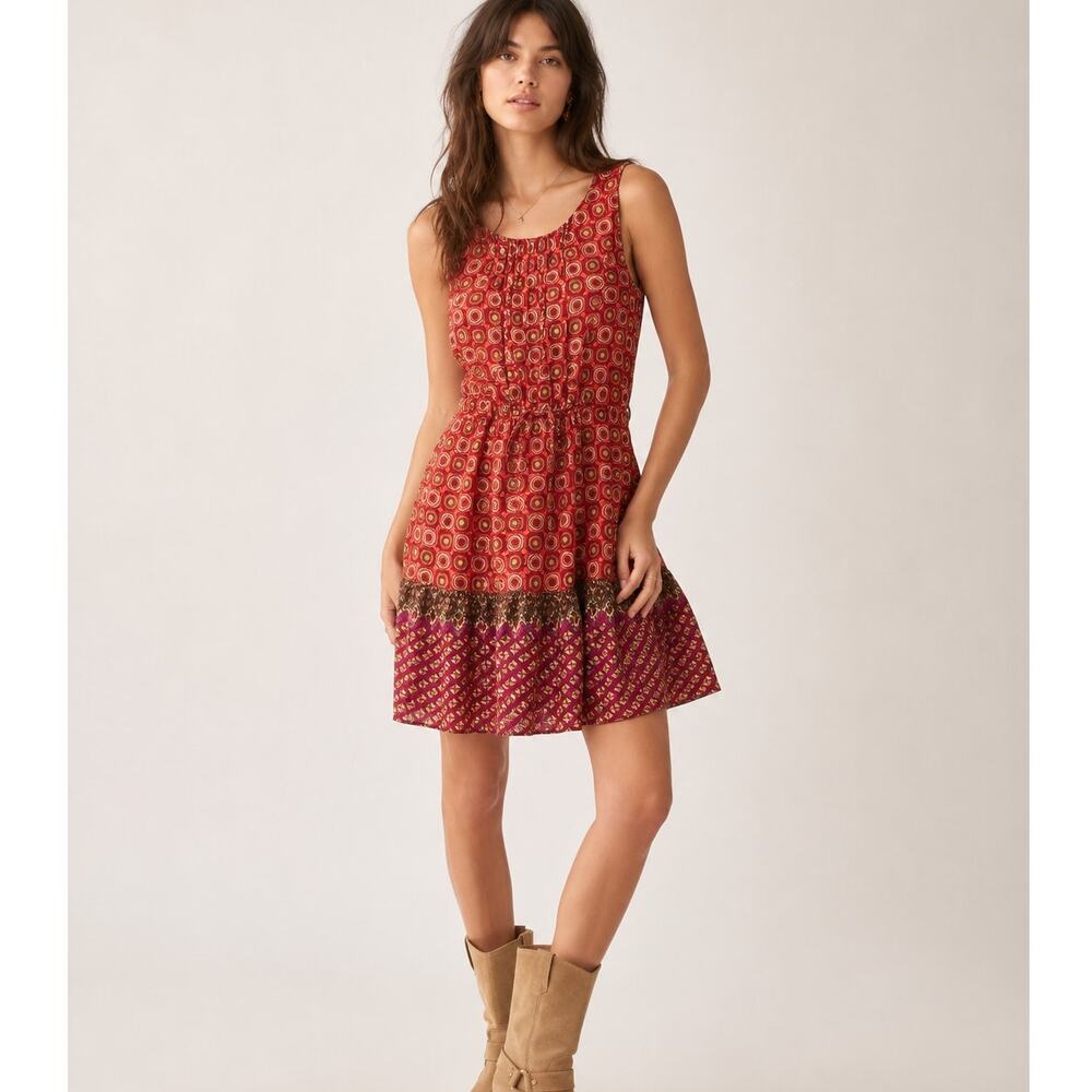 Anna Sui X Anthropologie Red Geometric Print Silk Sleeveless Boho Dress Womens 0